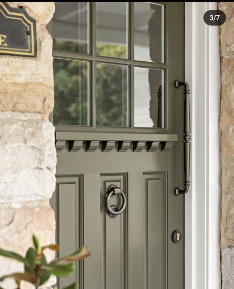 Green Upvc Front Door, Green House Front Porch, Army Green Front Door, Grey Siding Green Door, Muted Green Front Door, Green Entrance Door, Green Doors Front Entrance, Sage Front Door, Olive Front Door