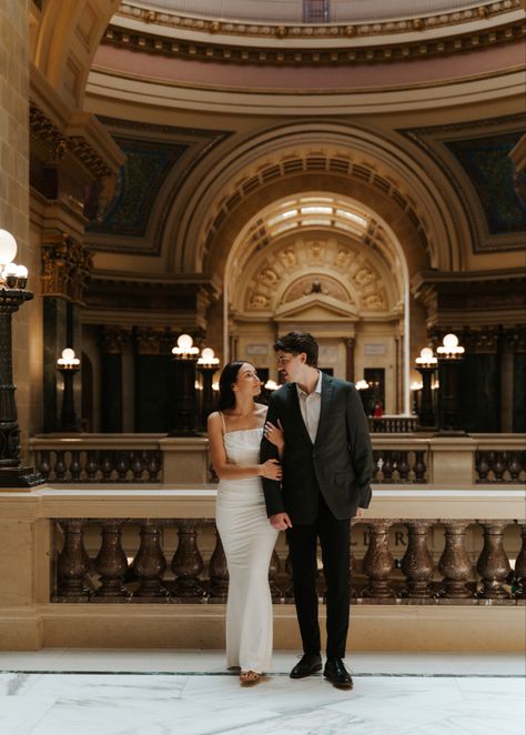 Black Suit Engagement Photos, Engagement Pictures Indoors, Engagement Photo Esthetic, Capital Building Photoshoot, Utah State Capitol Engagements, Capitol Wedding Photos, Met Photoshoot Ideas, State Capital Photoshoot, Classic Elegant Engagement Photos