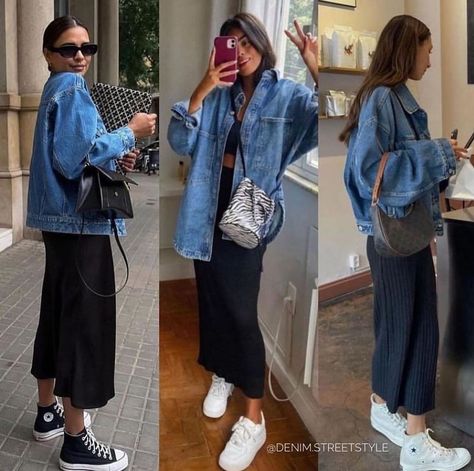 Long Denim Jacket, Jacket Outfit Women, Denim Jacket Outfit, Denim Skirt Outfits, Mode Casual, Mode Inspo, Denim Jackets, Looks Style, Mode Inspiration