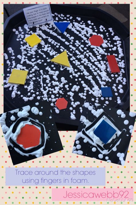 Trace around the shapes in the foam. EYFS Shapes Activities Preschool, Reception Maths, Maths Eyfs, Drawing Shapes, Math Tables, Tuff Spot, Eyfs Classroom, Teaching Shapes, Eyfs Activities