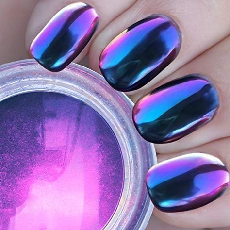 PrettyDiva Chameleon Chrome Nail Powder - Magic Mirror Effect Pigment Powder for Nails (Royalty) Chameleon Nails, Opal Nails, Natural Nail Art, Nail Polish Colors Fall, Pretty Nail Colors, Chrome Nail Powder, Mirror Nails, Chrome Nail, Chrome Powder