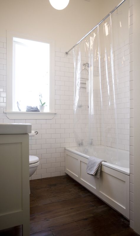 Beautiful Tile Bathroom, Wood Tile Bathroom, Tile Tub Surround, Tiled Bathroom, Small Bathroom Colors, Bathroom Window Curtains, White Subway Tiles, Tub Surround, Bathroom Tub