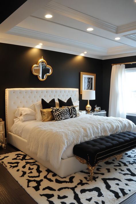 13 Black, White, And Gold Bedroom Designs You’ll Adore - DreamyHomeStyle Glam King Bedroom, Bedroom Inspirations Black And Gold, Bedroom Goals Luxury, White Bedding Room Ideas, White Bed Brown Dresser Bedroom Ideas, White Black And Gold Bedroom Ideas, Master Bedrooms Designer Luxury, Black And Gold Bedroom Ideas For Women, White Gold And Grey Bedroom