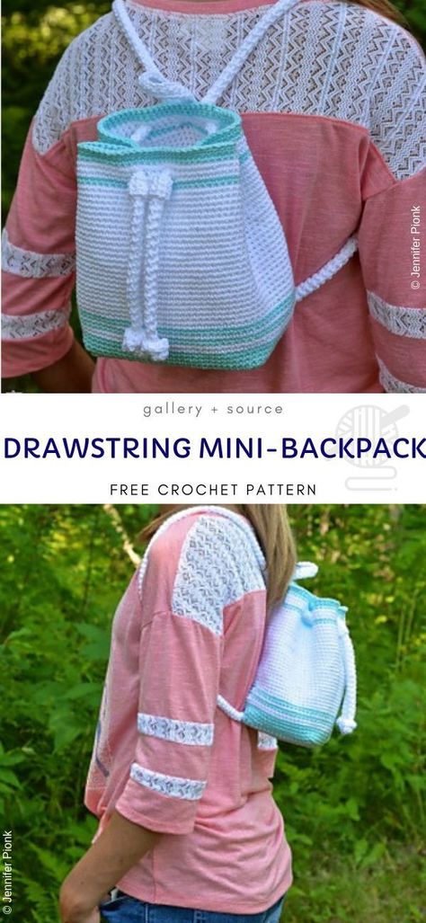 Drawstring Mini-Backpack Free Crochet Pattern  This white backpack looks very delicate thanks to its colour. The only detail is a green stripe on the bottom and on the top. It's perfect for everyday use and will fit to many summer clothes. It will look great with all the summer accessories, such as hats or airy scarfs.  #crochetbackpack #crochet Crochet Backpacks, Backpack Patterns, Cool Crochet, Crochet Drawstring Bag, Drawstring Bag Pattern, Crochet Backpack Pattern, Easy Crochet Baby Blanket, White Backpack, Crochet Backpack