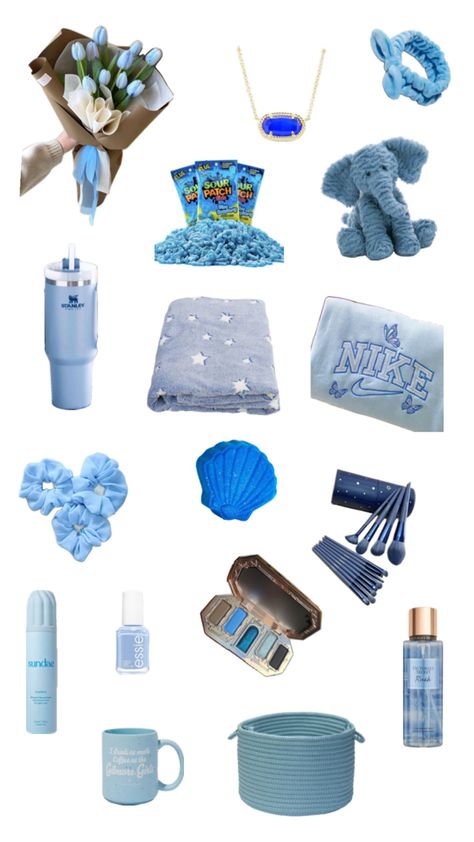 Blue themed gift basket Blue Basket Gifts, Blue Basket Gift Ideas, Blue Christmas Gifts, Blue And White Gift Basket, Blue Themed Birthday Gift Baskets, Color Themed Gift Baskets Light Blue, Everything Blue Gift Basket, Blue Basket Gift For Boyfriend, Feeling Blue Basket