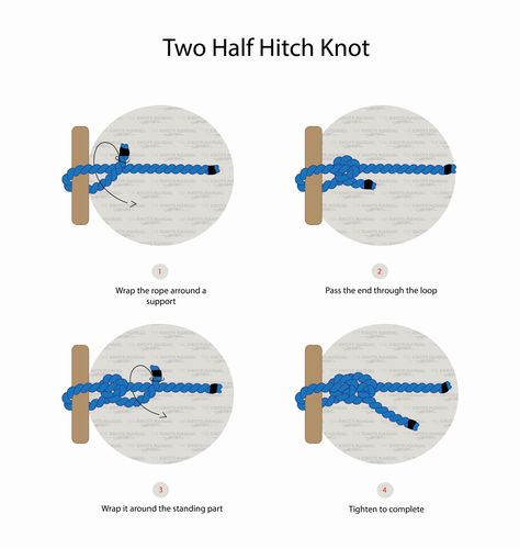 Two-half hitches are more secure than a single-half hitch. You create two half hitches by adding a second half hitch to a single one. Half Hitch Knot, Abseiling, Boy Scouts, Knot, Turn Ons, Lifestyle, Blue