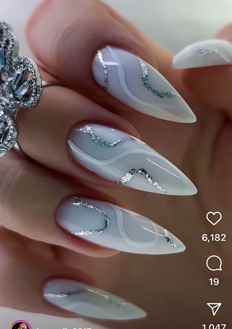 White Silver Nail Designs, Sparkly Stiletto Nails, White Gel X Nails, Nails Silver, White Silver Nails, Halo Nails, Almond Acrylic Nails Designs, Gold Gel Nails, Plum Nails