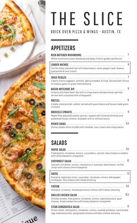 Simple Elevated Pizza Menu Battered Mushrooms, Pizza Menu Design, Pub Cheese, Pizza Ideas, Pepper Salsa, Brick Oven Pizza, Best Pizza Dough, Pizza Special, Pizza Menu