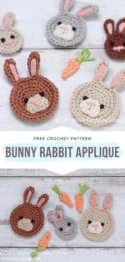 Bunny Rabbit Applique Free Crochet Pattern Are you in the mood for Easter decor already? This sweet set of crochet appliques includes round, long-eared bunnies in three sizes. Perfect material for a decorative, festive garland! #eastercrochet #crochetbunny #crochetapplique #crochetegg #freecrochetpattern Rabbit Patterns, Rabbit Applique, Easter Crochet Patterns Free, Crochet Applique Patterns Free, Crochet Embellishments, Crochet Bunny Pattern, Easter Crochet Patterns, Crochet Rabbit, Crochet Butterfly