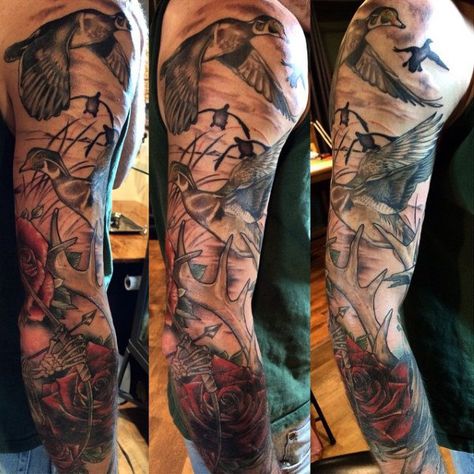 Shded Full Sleeve On Male Of Ducks Flying Tattoo Duck Tattoos For Men, Duck Hunting Tattoos, Camo Tattoo, Deer Hunting Tattoos, Outdoor Tattoo, Meaning Tattoos, Hunter Tattoo, Duck Tattoos, Hunting Tattoos