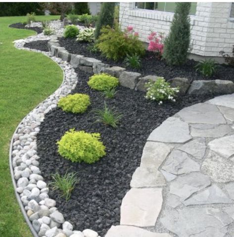 Mulch And Stone Landscaping Ideas, Beside Garage Landscaping, Landscape Shape Ideas, Rock Bed Around Patio, Backyard Landscaping Boarders, Front Yard Landscaping Ideas Rocks, Front Porch Landscaping, Front Lawn Landscaping, Mulch Landscaping