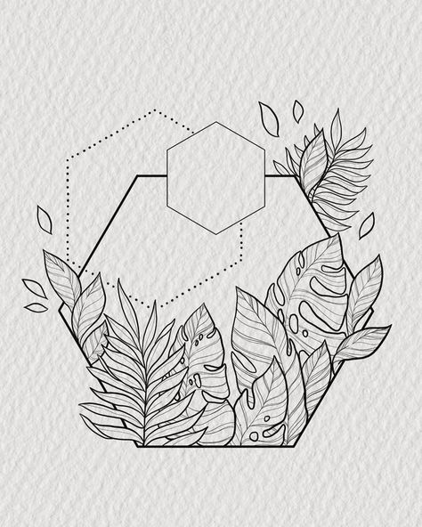 Fine line tattoo art of topical leaves including monstera with geometric hexagon shapes Monstera Tattoo, Hexagon Tattoo, Tropical Tattoo, Whiskey Lounge, Tattoo Plant, Japan Crafts, Shape Tattoo, Floral Tattoo Sleeve, Plant Tattoo