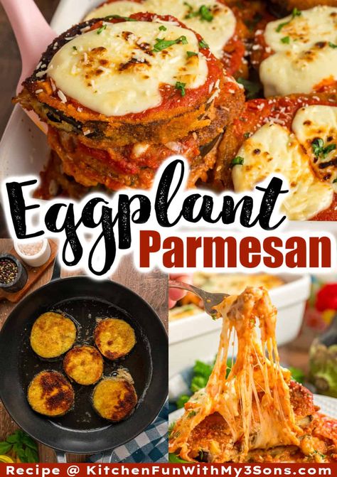 Layers of crispy fried eggplant, gooey cheese, and marinara sauce make this Eggplant Parmesan recipe an irresistible yet easy weeknight dinner. Serve over pasta or with salad and garlic bread. #eggplantrecipes #easydinnerideas #vegetarianrecipes Eggplant Parmesan Recipe, Eggplant Recipes Easy, Crispy Eggplant, Eggplant Parmesan Baked, Eggplant Recipes Parmesan, Pasta Sauce Homemade, Eggplant Dishes, Parmesan Recipes, Baked Eggplant