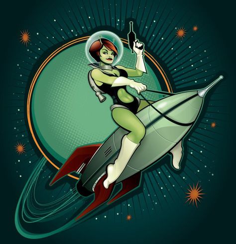 Rocket Girl Retro Tattoos, Alien Girl, Rocket Girl, Space Girl, Vintage Space, Nose Art, Science Fiction Art, Retro Futuristic, Pin Up Art