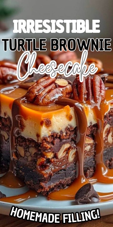 Irresistible Turtle Brownie Cheesecake Brownie Turtle Cheesecake, Carmel Turtle Brownie Cheesecake, Turtle Cheesecake Brownies, Crockpot Turtle Brownies, Candy Bar Cheesecake Recipes, Turtle Brownie Cheesecake, Caramel Brownie Cheesecake, Cheesecake Brownie Bars Recipes, Brownies Cheesecake Recipe