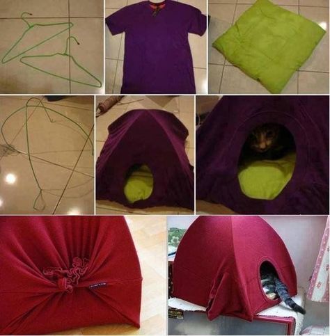 DIY No Sew Cat Tent from T-shirt in 3 steps Diy Cat Tent, Katt Grejer, Chat Diy, Diy Tent, Diy Coat, Cat Tent, Cat House Diy, Pet Ideas, Old Shirts