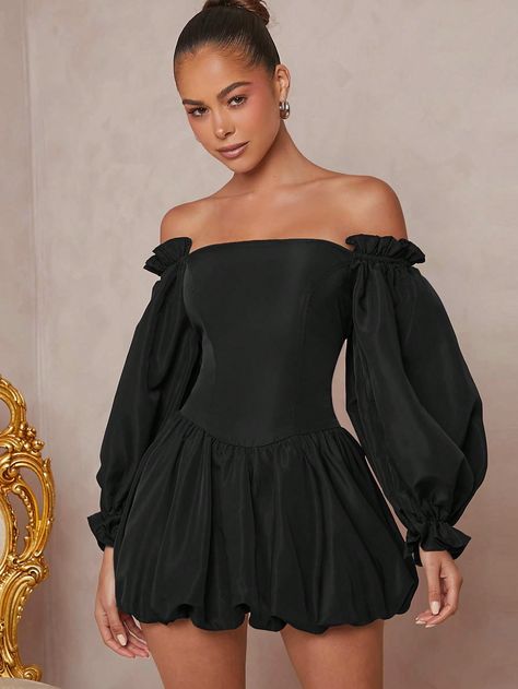 Off Shoulder Lantern Sleeve Bubble Hem Mini Dress Black Elegant  Long Sleeve Woven Fabric Plain A Line Non-Stretch  Women Clothing, size features are:Bust: ,Length: ,Sleeve Length: White Women Dresses, Simple Prom Dress, Bubble Hem, African Inspired Fashion, Bubble Dress, Elegant Dresses Long, Ruffle Hem Dress, Inspired Fashion, African Inspired