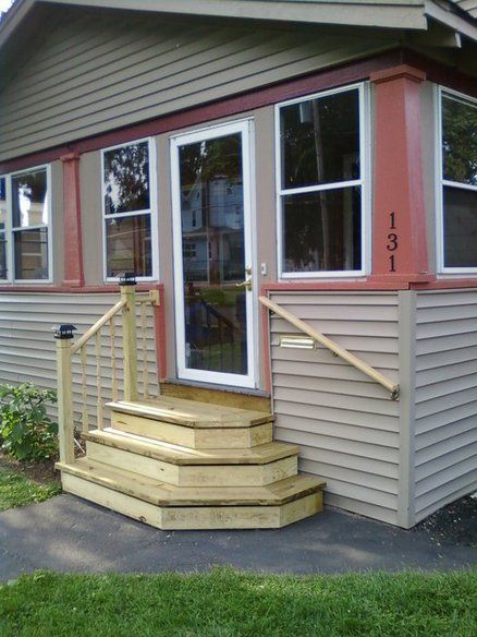 Side Steps To Front Door, Back Door Wooden Steps, Side Entry Steps, Side Door Steps Ideas, Backdoor Steps To Patio With Railing, Patio Steps With Railing, Curved Porch Steps, Outdoor Steps With Railing, Back Porch Steps Down To Patio