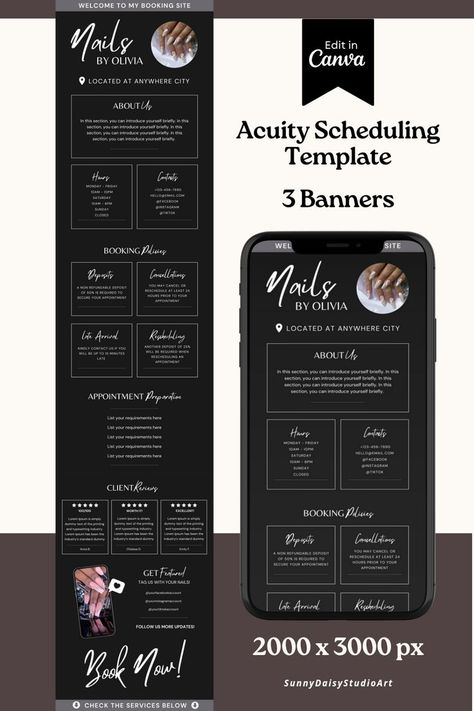 acuity template nail tech acuity scheduling acuity booking site template scheduling template acuity booking site nail tech custom website Transform your nail tech business with the Acuity Template - your all-in-one solution for seamless scheduling and booking. This custom website template is tailored specifically for nail technicians, offering a user-friendly interface that simplifies the booking process for your clients. With Acuity Scheduling integrated into the design, managing appointments h Site Analysis Sheet, Nail Tech Business, Artist Template, Acuity Booking Site, Coffee Site, Google Site Templates, Scheduling Template, Site Analysis, Booking Sites