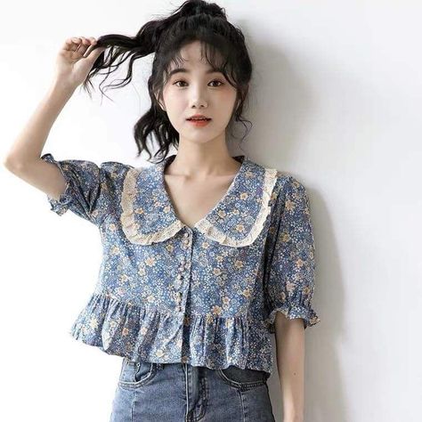 Korea Flower, Dress To Buy, Short French, Burmese Clothing, Casual College Outfits, Doll Collar, Fashion Top Outfits, Trendy Dress Outfits, Fashion Tops Blouse