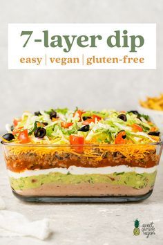 Fiesta Dip, Winter Snacks, Vegan Apps, 7 Layer Dip, Vegan Appetizers Recipes, Seven Layer Dip, Vegan Party Food, Vegan Party, Vegan Dip