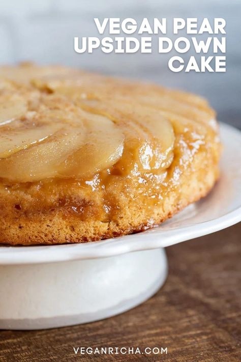 Vegan Pear Upside Down Cake. This amazing Vegan Upside Down Cake needs just 1 Bowl and 40 mins. Use other fruits for variation. #Vegan #Nutfree #Soyfree #Recipe Glutenfree option #VeganRicha #PearCake | VeganRicha.com 9 Inch Cake, Pear Upside Down Cake, Crab Food, Pear Dessert, Vegan Richa, Pear Cake, Pear Recipes, Crab Recipes, Upside Down Cake