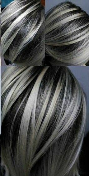 bold Silver Highlights.....just like my natural hair.....WHY? Just wait, it will happen sooner or later and it's cheaper. Black Hair With Platinum Highlights Short Hair, Gray Hair With Black Underneath, Black Hair With Platinum Highlights, Black Lowlights, Pixie Highlights, Brown Hair With Silver Highlights, Chic Hairstyle, Hair Highlights And Lowlights, Hair Color Caramel