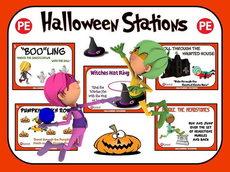 PE Central: These Halloween PE Stations are 7 fun filled, “SPOOKY” cards that you can use in your school gymnasium or can be modified and performed in a smaller space such as a classroom or empty cafeteria. Each movement card provides a locomotor or manipulative-skill activity which includes a brief instructional direction and a Halloween/Superhero graphic that depicts the activity. Brief directions for implementing the activities are also included at he front of the packet. Pe Stations, Halloween Stations, Pe Lesson Plans, Gym Games For Kids, Elementary Physical Education, Elementary Pe, Physical Education Lessons, Pe Activities, Fun Halloween Games