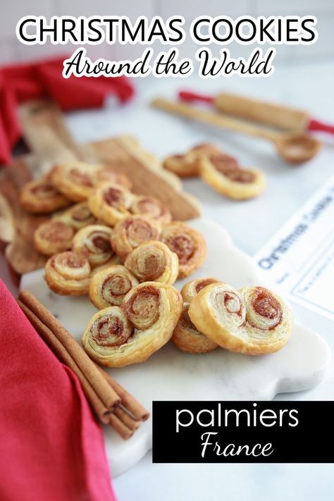 Palmier Recipe, French Palmiers, French Christmas Food, Cookies Around The World, French Christmas Desserts, Recipe Christmas Cookies, French Christmas Traditions, Palmiers Recipe, Palmier Cookies