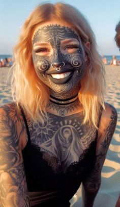 Face Tatoos Woman, Old Women With Tattoos, Really Bad Tattoos, Albino Girl, Full Tattoo, Blackout Tattoo, Facial Tattoos, Tattoed Women, Body Suit Tattoo