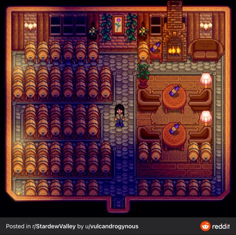 Stardew Valley Wine Shed, Ancient Fruit Stardew Valley, Stardew Wine Shed, Stardew Cellar Design, Stardew Valley House Interior Simple, Sdv Shed Design, Stardew Room Ideas, Shed Design Stardew Valley, Stardew Valley Basement Layout