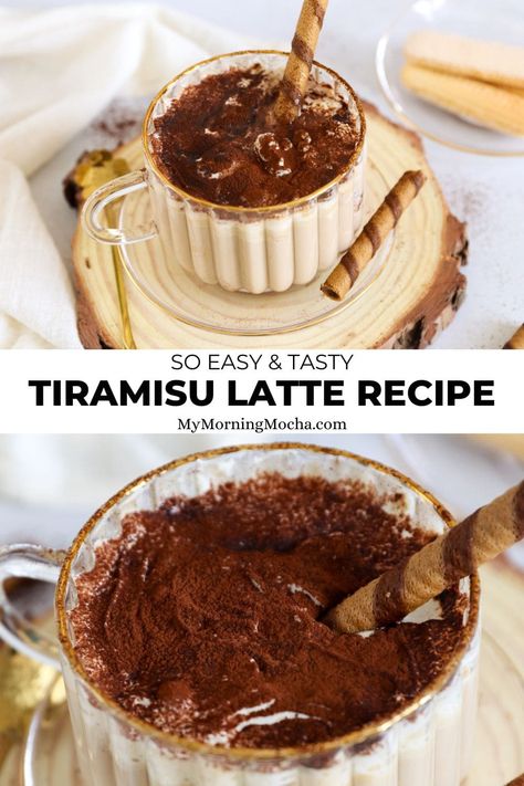 Here's how to make the viral tiramisu latte in just 5 minutes with this easy recipe. The taste and texture is rich, delicious and luscious. via @MyMorningMocha Tiramisu Latte, Homemade Tiramisu, Homemade Latte, Cheesecake Brownies Recipe, Chocolate Tiramisu, Hot Drinks Recipes, Baked Dinner Recipes, Tiramisu Dessert, Baked Dinner