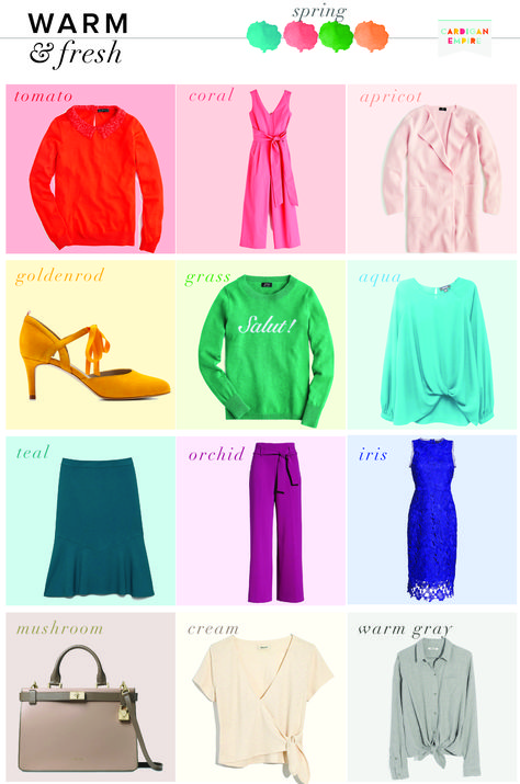 Once you know you're a Spring, be it warm, light, or clear.  Each of these categories share the features of clarity and although not entirely warm, leaning in that direction.   So what should you wear?  Below are some of my favorite ideas for mixing and matching a warm and fresh capsule wardrobe. tomato -- coral -- apricot -- goldenrod… Clear Spring Palette, True Spring Palette, Warm Spring Palette, Warm Spring Color Palette, True Spring Color Palette, Warm Spring Outfits, Spring Outfit Women, Light Spring Color Palette, True Spring Colors