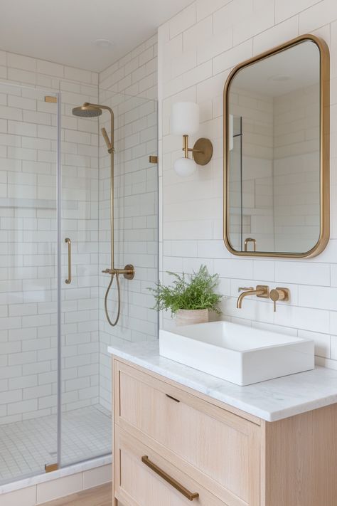 Bathrooms With Brushed Gold Fixtures, White Gold Bathroom Ideas, Brushed Gold Bathroom Fixtures, Brushed Brass Bathroom Fixtures, Brass Shower Fixtures, Gold Bathroom Fixtures, Brass Bathroom Fixtures, Brushed Brass Bathroom, Modern Bathroom Ideas