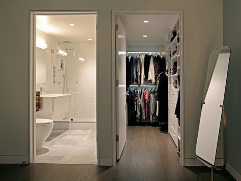 Bathroom Design With Closet, Small Bathroom And Walk In Closet, Closet And Bathroom Combo Walk In Modern, Bathroom With Built In Closet, Shower And Closet Combo, Small Apartment Walk In Closet Ideas, Bathroom Attached To Bedroom, Room With Closet And Bathroom, Walk Through Robe To Ensuite