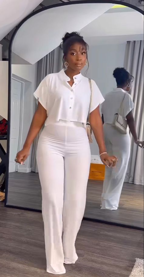 White 2piece Outfits, White Top And Trousers Outfit, Tops For Palazzo Pants Classy Casual, Cooperate Two Piece Outfits, Jamsuits Design, Shirt And Palazzo Outfit, Plain And Pattern Styles For Ladies Trouser And Top, White Casual Outfits For Women, Ankara Palazzo Pants And Top