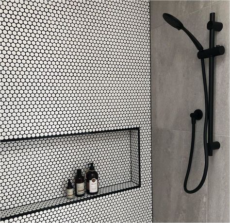 Penny Lover | Centsational Style White Tile Black Grout, Penny Tiles Bathroom, Black Shower Head, Black Grout, Black White Bathrooms, Penny Tile, Boys Bathroom, Black Shower, Basement Bathroom