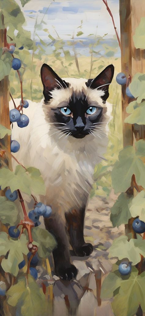 An adventurous Siamese cat curiously exploring a garden rich with blueberry bushes. Blueberry Garden, Wallpaper Gatos, Cats Art Drawing, Iphone Wallpaper Cat, Kitten Drawing, Aesthetic Wallpaper Iphone, Cat Art Illustration, Drawing Wallpaper, Cat Artwork