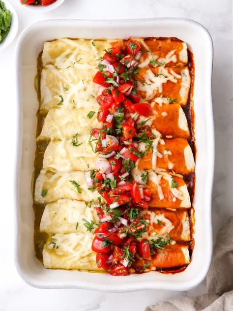 Red And Green Dinner, Enchiladas For 2, Christmas Enchiladas, Red And Green Enchiladas, Best Green Chicken Enchiladas, Easy Red Enchiladas Chicken, Quick And Easy Green Chile Chicken Enchilada Casserole, Green Chicken Enchilada Casserole Corn Tortillas, Red Chicken Enchiladas