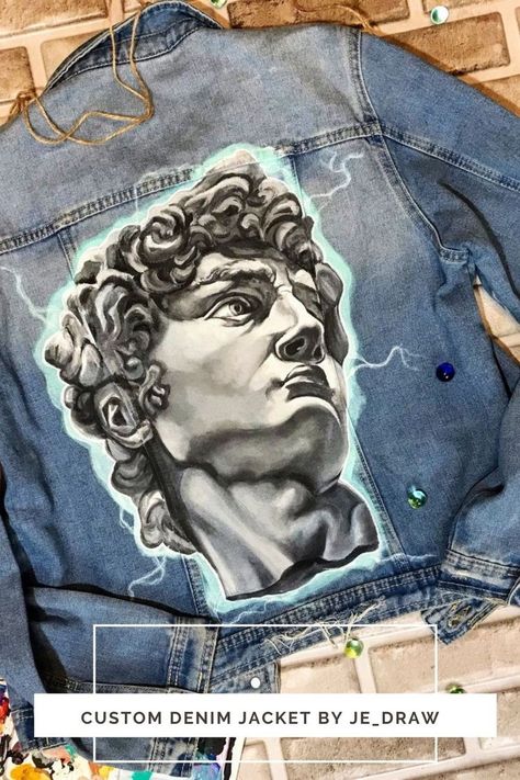 Painted Jean Jacket Ideas, Denim Jacket Diy Paint, Hand Painted Jean Jacket, Painted Jean Jacket, David Sculpture, Painted Clothes Diy, Custom Denim Jacket, Hand Painted Clothing, Denim Art