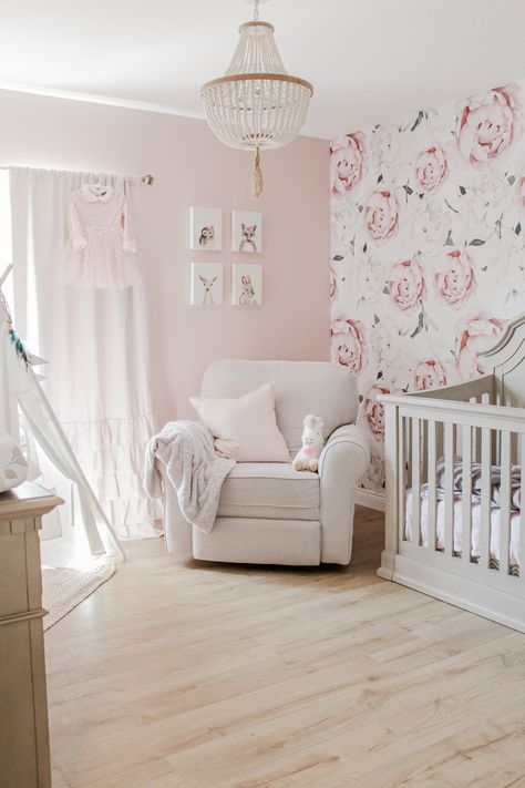 Baby nursery. How to design the perfect baby nursery in a budget. Get inspired to design the perfect baby nursery by following these easy 5 steps! From paint color to wallpaper, we are talking how to effectively use your budget and achieve this look. For more home decor inspiration follow my blog and IG @MYWELLIHOUSEDECOR Pink Nursery Wallpaper, Baby Nursery Wallpaper, Girly Nursery, Girl Nursery Pink, Baby Nursery Inspiration, Nursery Room Design