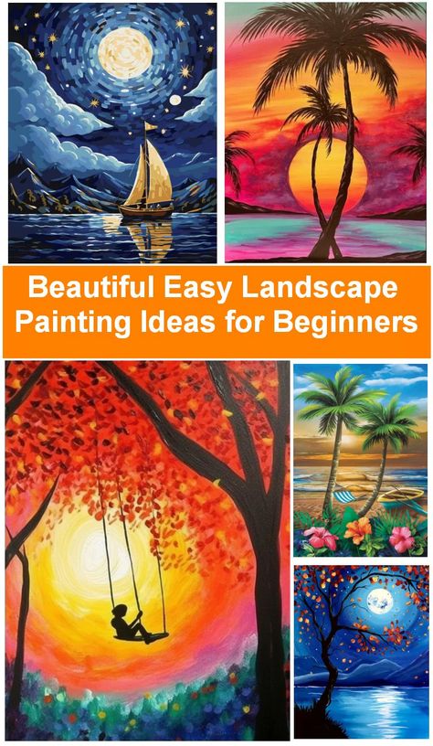 30 Easy Landscape Painting Ideas for Beginners, Simple Acrylic Artwork – artworkcanvas Paintings Ideas Simple, Oil Paintings Ideas, Painting Ideas For Kids Easy, Palm Tree Paintings, Landscape Painting Ideas For Beginners, Easy Landscape Painting Ideas, Easy Nature Paintings, Landscape Painting Ideas, Easy Landscape Painting