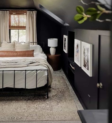 Black Bedroom Vaulted Ceiling, Paint Attic Bedroom Sloped Ceiling, Attic Rec Room Ideas, Black Bedroom White Trim, Black Painted Ceiling Bedroom, Painted Slanted Ceiling, Painting Attic Rooms Sloped Ceiling, Slanted Ceiling Bedroom Paint, Sloped Ceiling Bedroom Decor