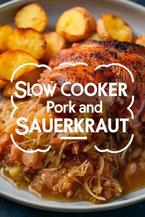 Slow cooker pork and sauerkraut with roasted potatoes on a plate. Pork Loin With Sauerkraut Crock Pot, Crockpot Pork Sauerkraut, Crockpot Country Style Pork Ribs With Sauerkraut, Crockpot Pork And Sauerkraut Slow Cooker, Crockpot Pork Loin And Sauerkraut, Pork Loin Recipes With Sauerkraut, Pork Loin And Sauerkraut In Crockpot, Pork And Sauerkraut Crockpot Apples, Crockpot Pork Roast And Sauerkraut