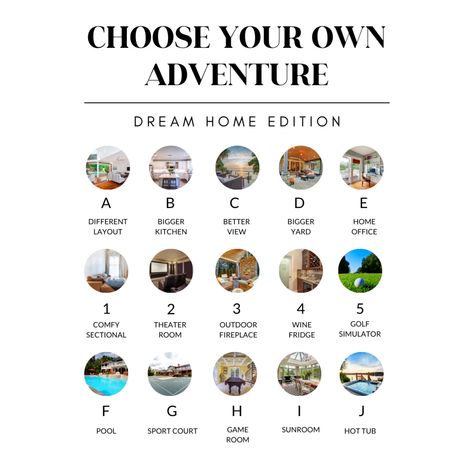 This is your HGTV version of Dream Home Finder! Your budget can be as low as $3 but you can have whatever you want! Pick a home feature from each row and comment with your dream home results! Pick One From Each Row, Fanpage Ideas, Hot Tub Room, Tiktok Content, Forest Cottage, Sport Court, Kitchen Views, Home Team, Big Houses