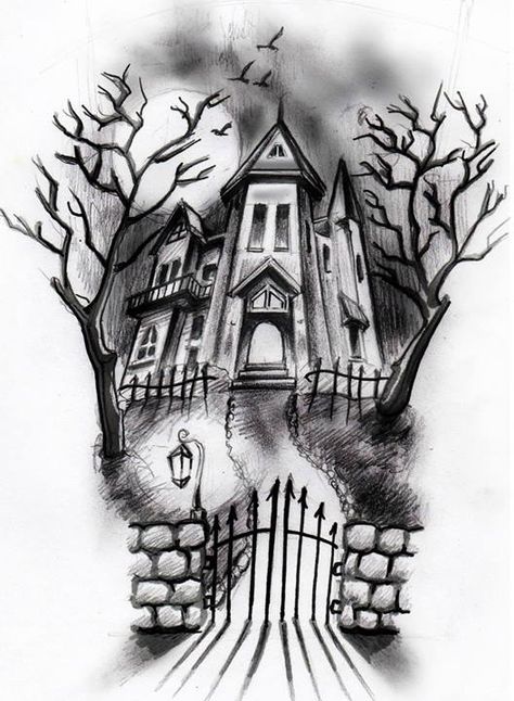 Haunted house Dark House Drawing, Haunted House Tattoo Ideas, Haunted House Ideas Drawing, Haunted House Sketch, Spooky House Drawing, Haunted House Tattoo, Halloween Sleeve, Haunted House Drawing, Halloween Tattoos Sleeve