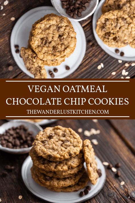 These Vegan Oatmeal Chocolate Chip Cookies are chewy and full of rich chocolate and textured granola. You won't be able to eat just one! Vegan Oatmeal Chocolate Chip Cookies, Healthy Vegan Dessert, Oat Chocolate Chip Cookies, Vegan Oatmeal Cookies, Oatmeal Chocolate Chip Cookie Recipe, Vegan Oatmeal, Easy Vegan Dessert, Oatmeal Chocolate Chip, Oatmeal Chocolate