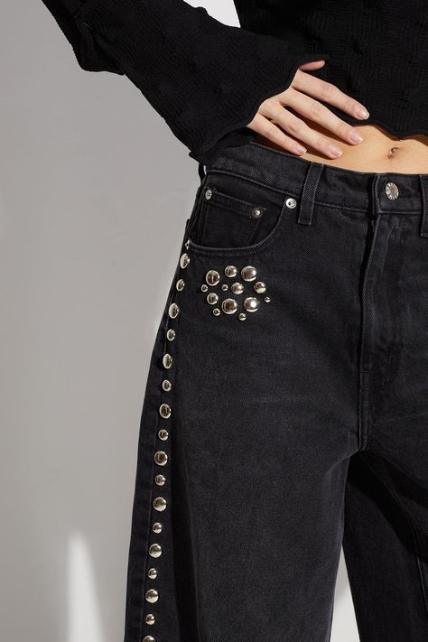 Classic Modern Wide Leg Rigid Black Denim Pants. Dome Studded Detailing On Side Seams And Pocket. Color: Black 100% Cotton Imported Hand Wash, Do Not Tumble Dry, Do Not Iron, Do Not Bleach, Do Not Dry Clean. Inseam: 31inches (Size 26) Model Wears A Size 26. Black Denim Pants, Custom Label, Holiday Party Outfit, Simon Miller, Vogue Fashion, Wide Leg Denim, Outfits Casuales, Denim Pants, Black Denim