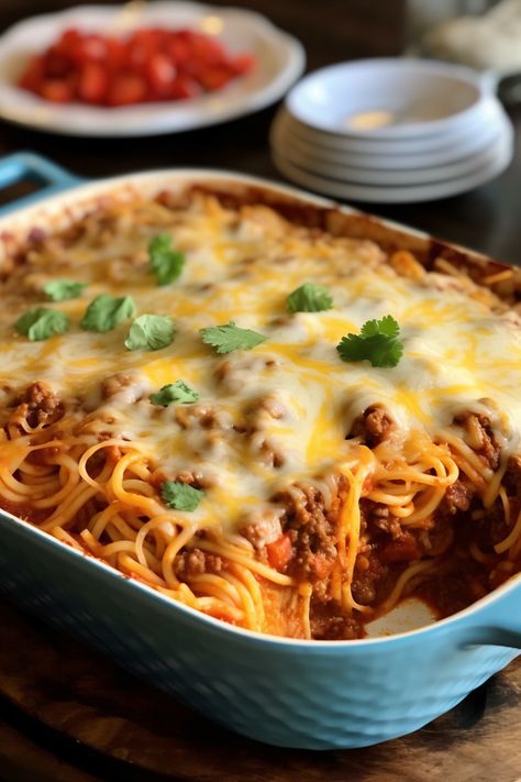 Cheesy Taco Salsa Spaghetti Bake Cheesy Taco Spaghetti Bake, Taco Spagetti Bake, Mexican Baked Spaghetti, Baked Taco Spaghetti, Taco Spaghetti Bake, Taco Salsa, Easy Taco Seasoning Recipe, Tex Mex Casserole, Mexican Spaghetti