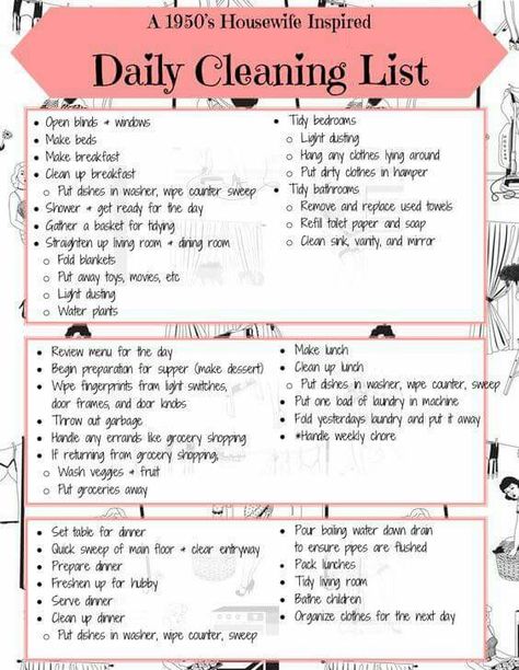 1950's Housewife Inspired Daily Cleaning List Daily Cleaning List, 1950 Housewife, Daily Cleaning Lists, 50's Housewife, Daily Cleaning Schedule, 50s Housewife, 1950s Housewife, Happy Homemaking, Clean The House